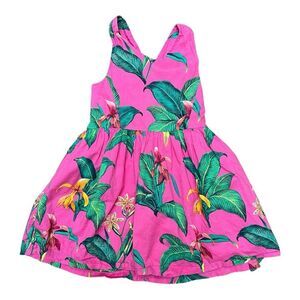 Gap Kids Girls Size S Tropical Pink Criss Cross Back Dress with Green Leaf Print